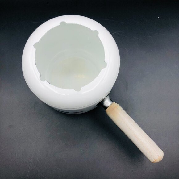 80s White Enamel Fondue Pot Gray Wooden Handle Rainbow Arcade Video Game Font - Picture 3 of 11